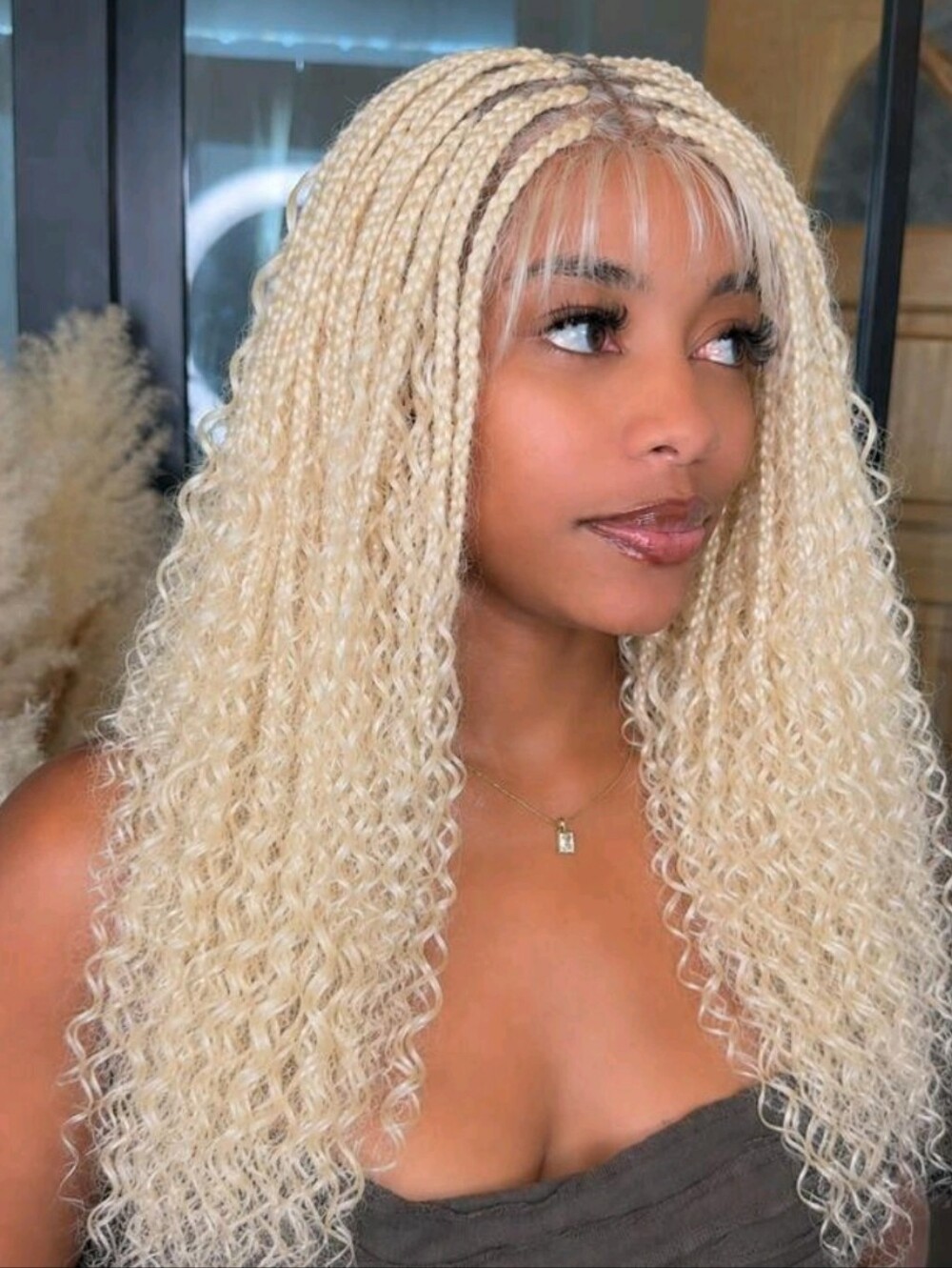 Blonde Curly Box Braid Wig with Baby Bangs - Women Hair. 24inches
